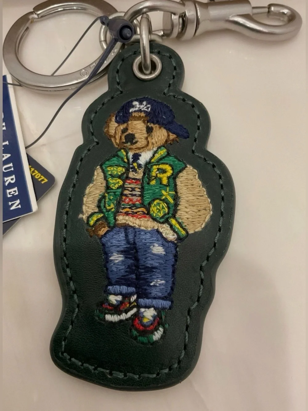 NEW Polo Ralph Lauren COLLEGE VARSITY BEAR - LEATHER Key Ring Keychain - GREEN
